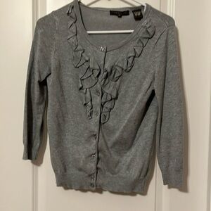 Linda Matthews gray cardigan with ruffles